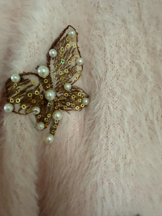 Hand Embroidered Sequin Pink Embellished Butterfly Fuzzy Cardigan Sweater NWOT - Picture 6 of 16